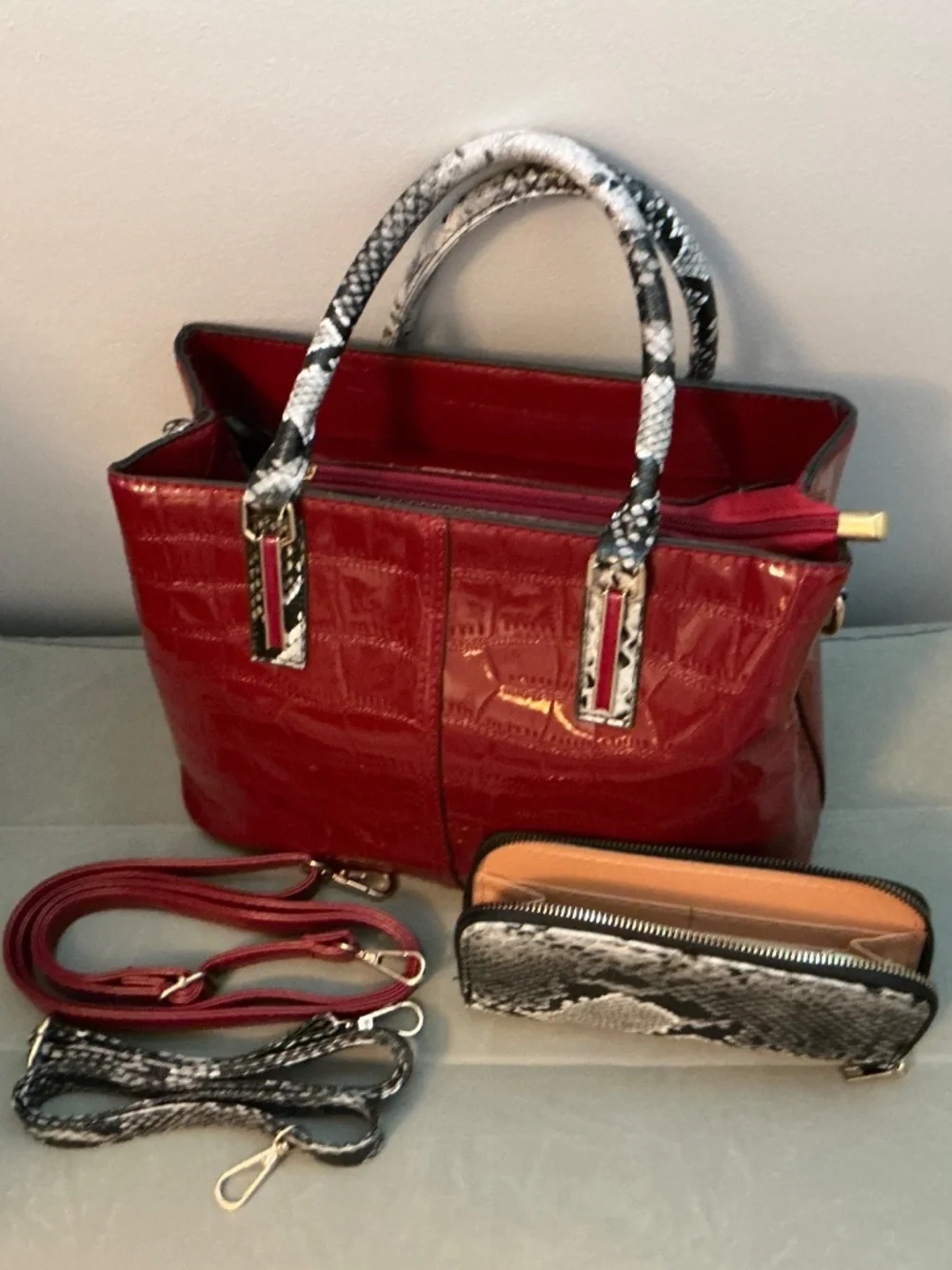 Red Patent Leather Satchel Set